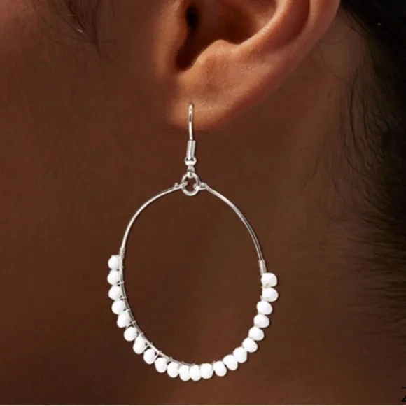 SILVER 60MM WHITE BEADED HOOP DROP EARRINGS - Picture 2 of 2